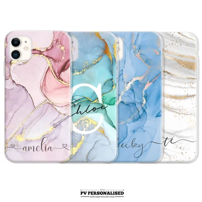 Personalised Phone Case For Iphone Xr 7 11 12 Se Name Initials Hard Cover Marble - Image 1 of 4