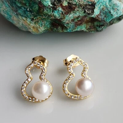 Серьги-гвоздики в форме скрипки с натуральным жемчугом 6 мм желтое позолоченное серебро - Изображение 1 из 3