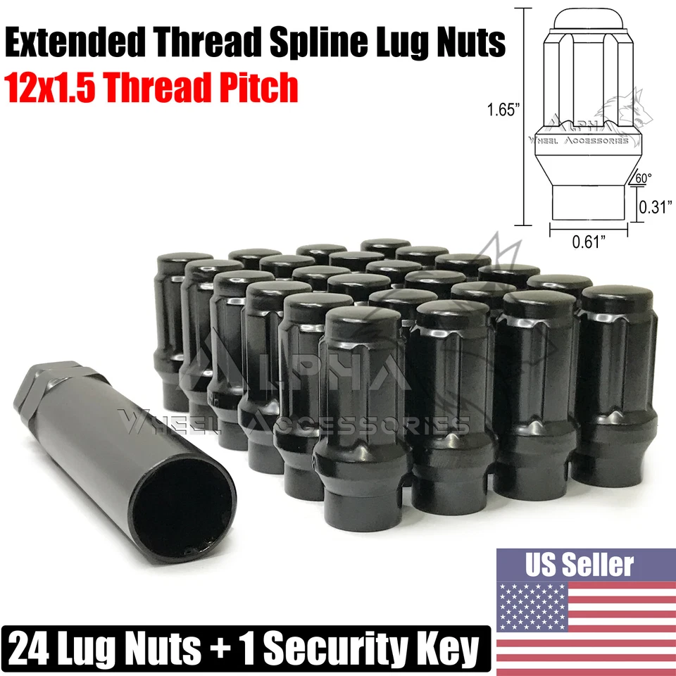 24Pc 12x1.5 Black Extended Thread Spline Lug Nuts ET Tapered Conical Seat + Key - Изображение 1 из 4