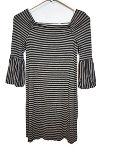 Sister Sam Black Gray Striped Balloon Sleeve T-shirt Dress Stretch Size 14 USA - Picture 1 of 5