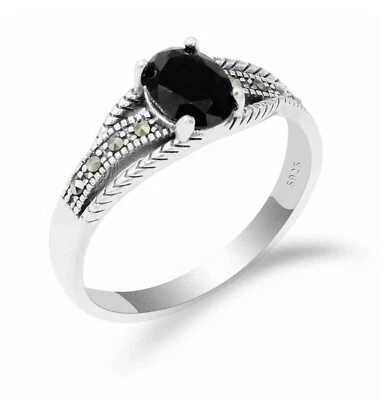 Solitario Argento 925 Pietra Nera Anello Donna Fedina Oro Stile Antico Chevalier - Immagine 1 di 4