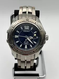 Seiko Solar Scuba V145-0BH0 Blue Dial Quartz watch Titanium Vintage - Rank B - Picture 1 of 15