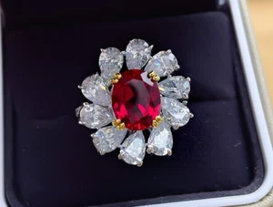 4ct Lab Grown Ruby Diamond Floral Ring, 18K Gold Plated Simulated Gemstone - Picture 1 of 15