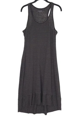 EILEEN FISHER Midi Dress MEDIUM 100% LINEN Black Gray Stripe Sleeveless Hi Low - Image 1 of 4