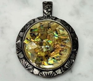 Abalone MOP Mosaic Bird In Tree Cast Relief Pewter Reversible Oval Pendant 2.5”L - Picture 1 of 10