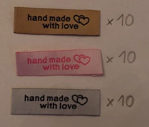 10 Label Patches *Handmade with ♥ love* DIY Nähen Stoffetiketten rosa weiß braun - Bild 1 von 7