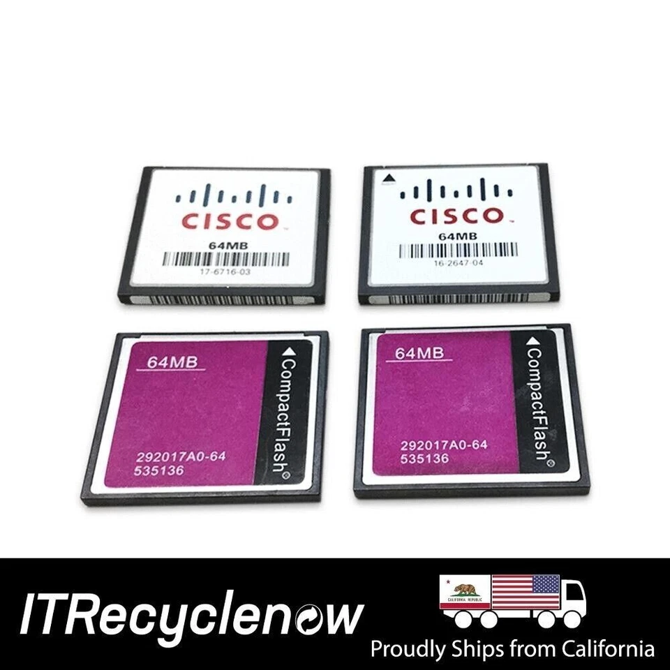 Lote de 4 tarjetas de memoria Cisco Compact Flash CF de 64 MB para 2801 3800 1900 | Probadas Foto 1 de 3