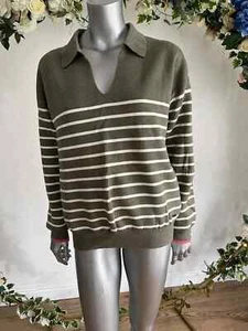 JOULES Alyssa Jumper Size 12 14 16 & 18 Khaki Cream Stripe Collared V Neck NEW - Picture 1 of 15
