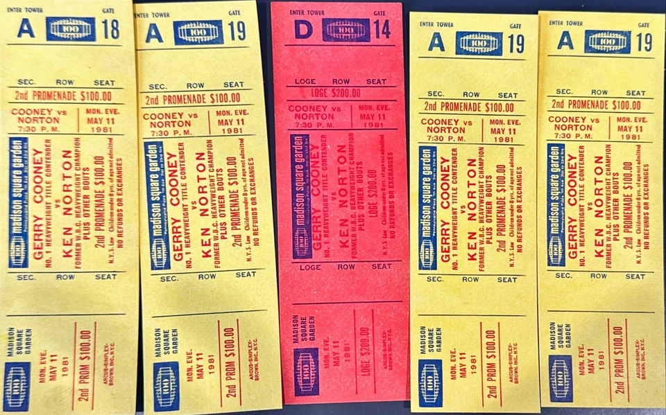 lot of 5 - 1981 GERRY COONEY VS. KEN NORTON FULL TICKETS 5/11/1981. - A574 - Image 1 of 1