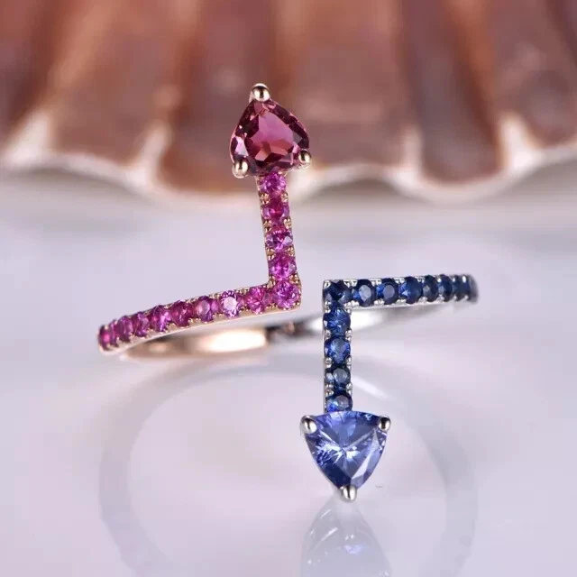 Anel de noivado flecha 3 quilates coração simulado azul tanzanita acabamento ouro rosa 14k - Imagem 1 de 1