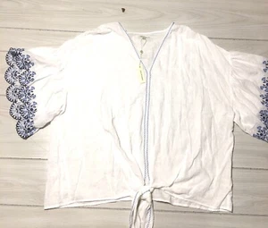 NWT Max Studio White Cropped Sleeves Embroidered Trim Tie Front Tunic Blouse 3XL - Picture 1 of 10
