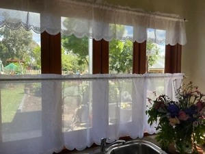 Cafe Curtain ROSETTE 2 piece - 30 cm+60 cm drop-IVORY SNOW VOILE-caravan-kitchen - Picture 1 of 5