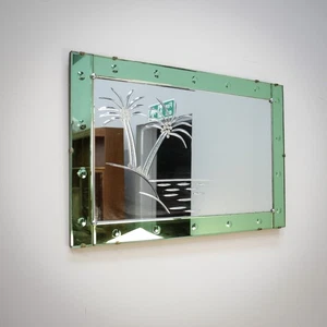 Art Deco bevel edged glass mirror with green glass boarder. Palm tree design - Picture 1 of 10