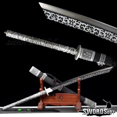 Black Silvery Long Handle Sword Chinese Dao Emperor Broadsword Dragon Machete - Image 1 of 4
