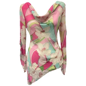 Top asimmetrico vintage Y2K Star City rosa floreale semi trasparente svasato cravatta manica S - Foto 1 di 15