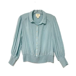 Anthropologie Maeve Damen Rosa Top Größe M Blau Schweizer Punkte Gesmokte Bluse Boho - Bild 1 von 14