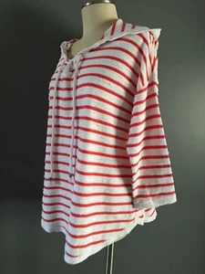 Sunday Womans Coral & White Stripe Terry Cloth Long Sleeve Pullover Hoodie Large - Picture 1 of 5
