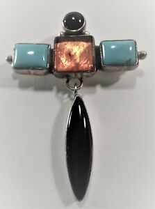 small multi-stone sterling pendant onyx citrine turquoise signed AB cross shape