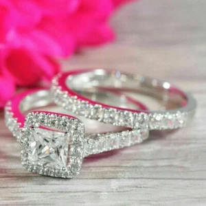2.50 Ct Princess Cut Diamond Lab-Created Engagement Wedding Ring Set 925 Silver - Picture 1 of 3