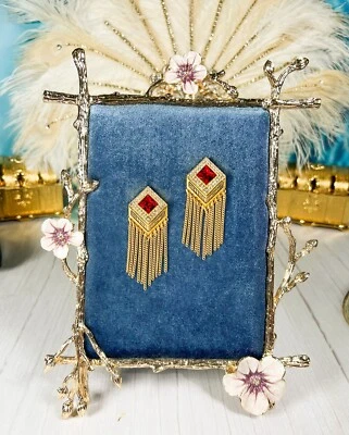 Pendientes de borla de rubí rojo, pendiente de cristal con diamantes, pendiente de oro con borla Foto 1 de 4