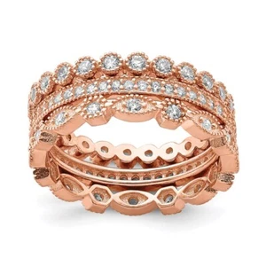 925 Sterling Silver Rose-tone CZ Set of 3 Eternity Rings S:6; Women & Men - Picture 1 of 6