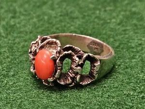 Vtg. Brutalist Sterling Silver Red Coral Ring 925 Modernist Signed MT Size 6.25 - Picture 1 of 14