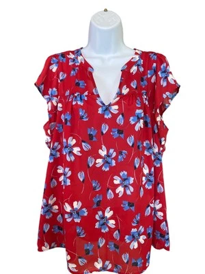 Blusa Banana Republic L Roja Floral Manga Volantes Cuello en V Tropical Boho Chic Foto 1 de 4