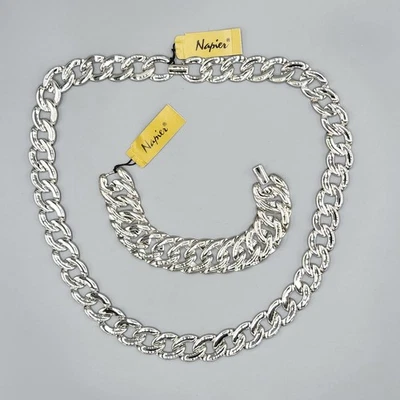 Nuevo collar y pulsera Napier vintage tono plata pulido bordillo cadena Foto 1 de 4