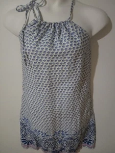 Tommy Bahama Mujer Vestido Pequeño Halter Cuello Corbata Azul Blanco Estampado Lino Bolsillos - Imagen 1 de 9