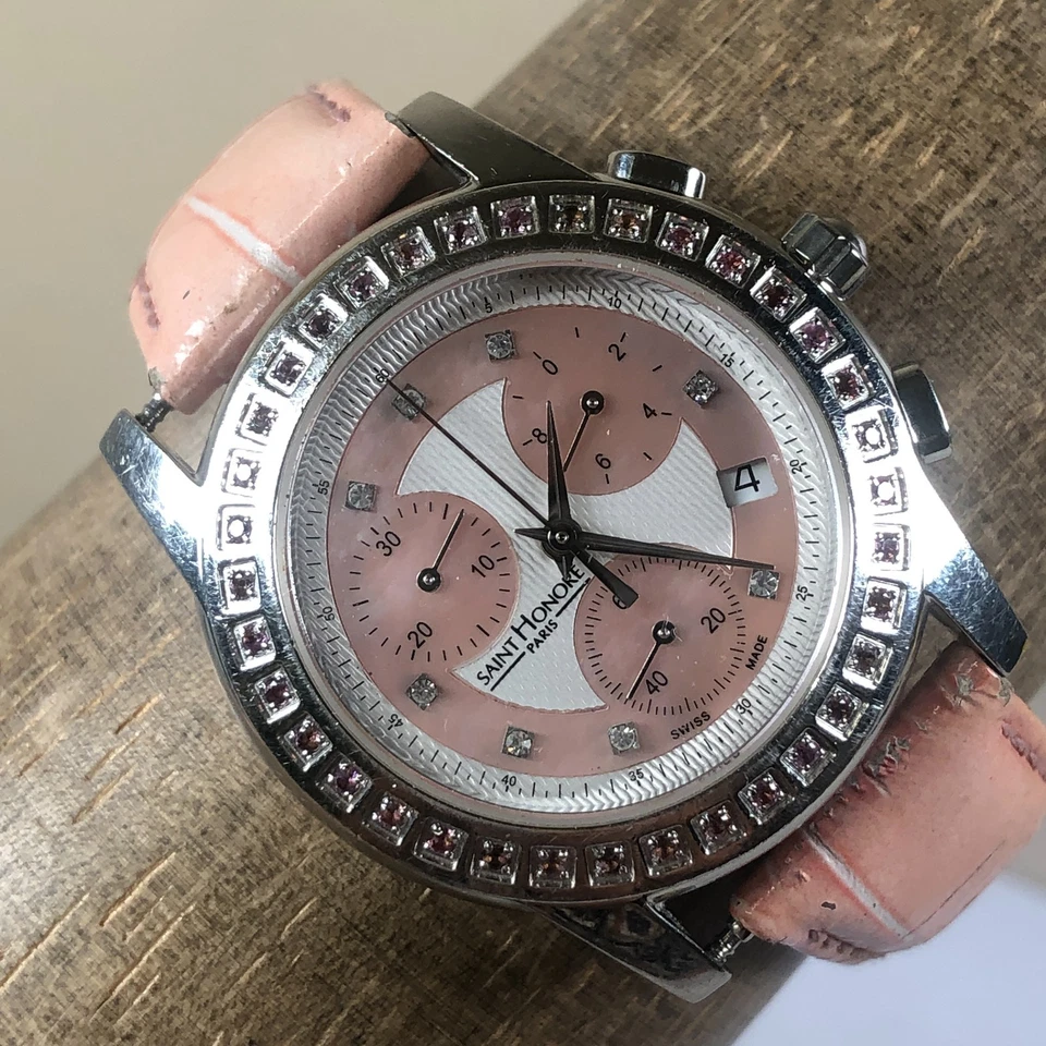 Reloj Saint Honore Paris Mujer Rosa Pavé Cronógrafo Cuero 35mm 6 1/2" Foto 1 de 4