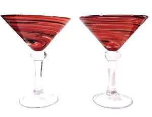 Pier 1 Rot Orange Weiß Swirl Martini Cocktail Gläser Mundgeblasen 2er Set - Bild 1 von 6