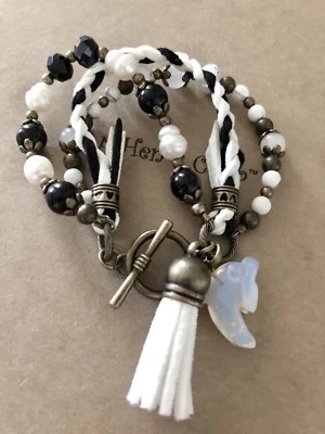 "Pulsera Opalita Delfín y Borla Cuero Perlas Jade Boho 6"" Artesanal EE. UU. 1651" Foto 1 de 4