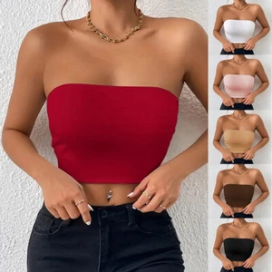 Women Boob Tube Top Strapless Bandeau Plain Stretchy Basic Vest Casual Crop Top - Picture 1 of 24