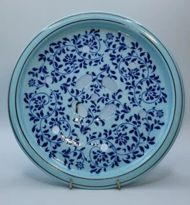 Ceramic Blue Floral Tray Bowl Cover Lid •Water Storage Lid/Flower Frog/Plant 10" - Picture 1 of 9