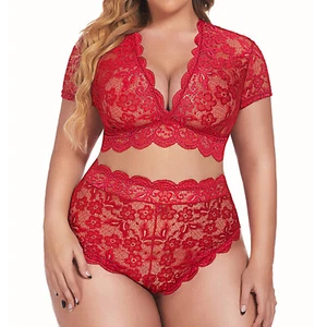 Lencería sexy talla grande cuello en V cintura alta floral encaje cruzado y pantillas - Imagen 1 de 42