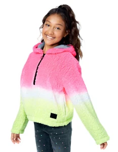 Justice Girls Sherpa Hoodie Pink Dip Tie Dye Quarter Zip Pockets Logo Size 16/18 - Picture 1 of 9