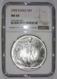 1993 NGC MS68 SILVER AMERICAN EAGLE DOLLAR 1 OZ .999 SILVER WHITE LABEL BB020 - Picture 1 of 2
