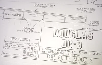 Top Flite ** Douglas DC-3 Plans Giant Scale Model Aircraft Plans 82.5" Wingspan - Image 1 of 4