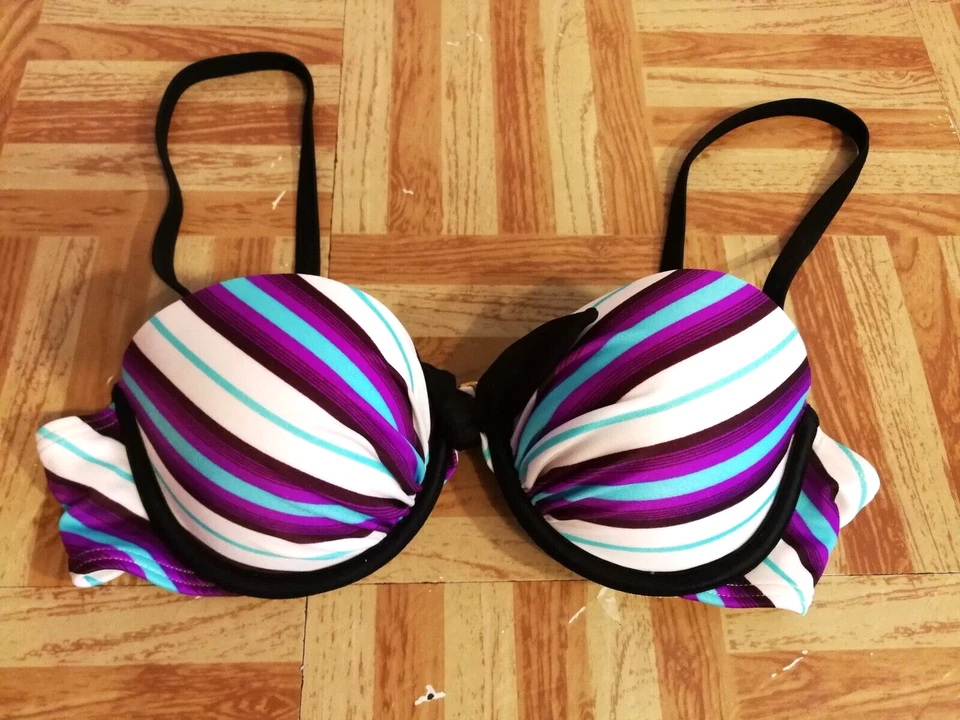 Top de bikini Victorias Secret 34A púrpura azul blanco a rayas traje de baño natación Foto 1 de 4