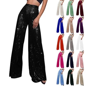 Women's Fashion Solid Color High Waist Sequin Side Zipper Draped Wide Leg Pants - Picture 1 of 71