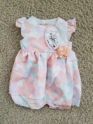 全新带标签 LA PRINCESS Kids 花朵褶皱 ROMPER 连衣裙 粉色 花 婴儿 女孩 12 个月 — 第 1/4 张图片