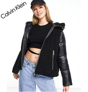 🔥NWT Calvin Klein Sherpa Combo Puffer Jacket Hooded In Black RP $300 - Picture 1 of 22