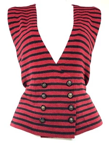 Vintage 80s Adolfo Saks Top Striped Red Black Vest Lion Gold Button S M - Picture 1 of 10