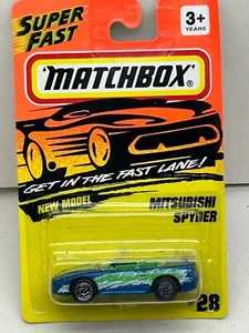 1994 MATCHBOX SUPERFAST #28 BLUE MITSUBISHI SPYDER NEW ON CARD - Picture 1 of 7