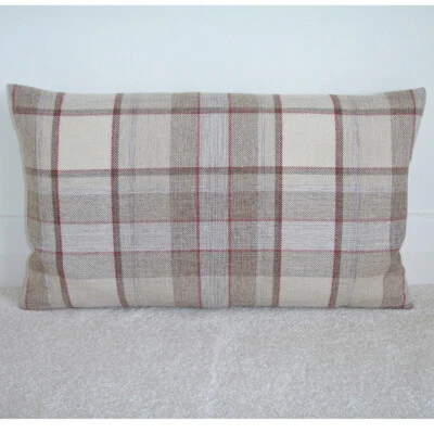 Brown Tartan Cushion Cover Plaid Check Zip Wool Feel Oblong Tartan 20" x 12" Red - Image 1 of 3