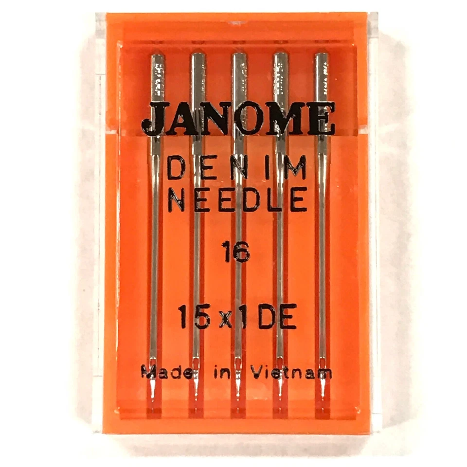 Janome Denim Needles Marca 990416000A 15X 1DE #16 Paquete de 5 unidades Paquete Foto 1 de 1
