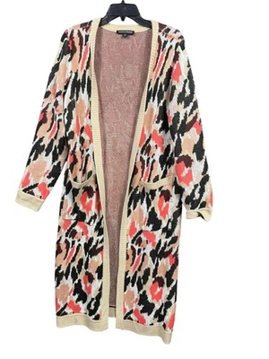 Boston Proper Sweater Womens Large Tan Animal Print Long Open Front Cardigan - Image 1 of 4