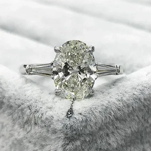 3.75Ct Oval Cut Lab Created Diamond Baguette Accents 14K White Gold Finish Ring - Picture 1 of 18