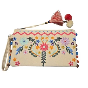 2 Chic Bohemian Boho Embroidered Canvas Pom Pom Tassel Clutch Makeup Purse - Picture 1 of 8