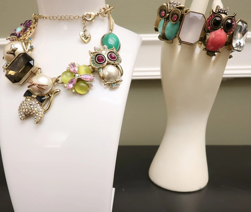 Betsey Johnson jewelry set Critters necklace bracelet owls cat frog goldtone - Image 1 of 4